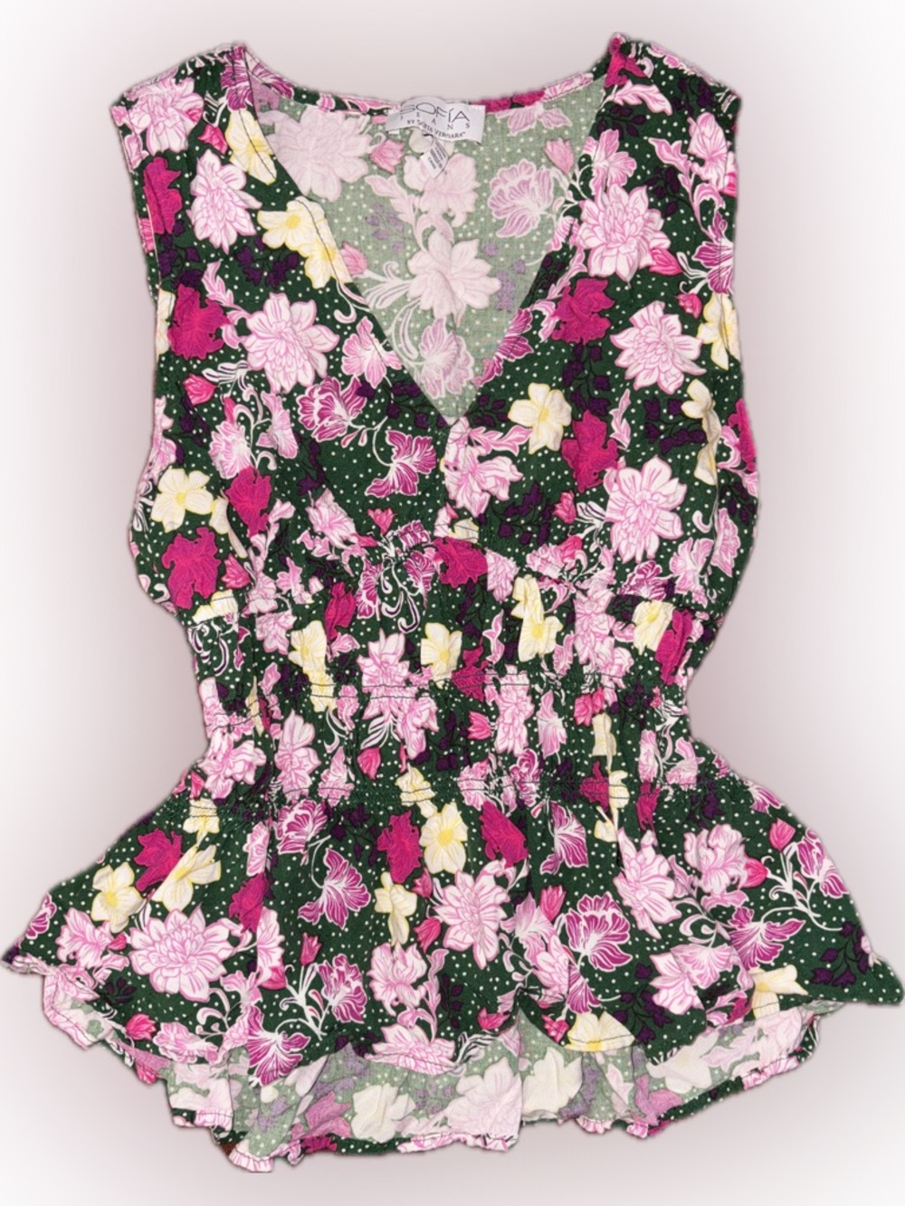 sofia by sofia vergara Pink and Green Floral Smocked Waist Sleeveless Top